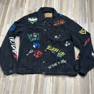 Rue21 Black Denim Jacket with Graphic Accents, Size Medium